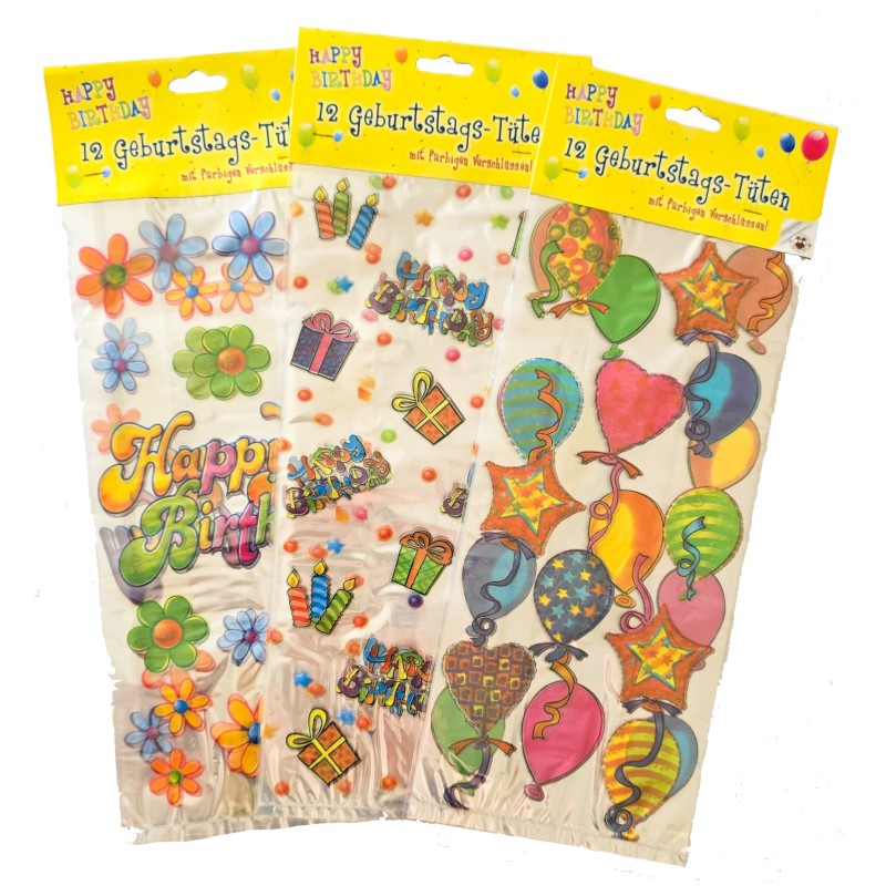Cellofaan zakjes bedrukt (12 st.) Happy Birthday