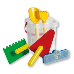 Transparante emmer met bouwvakkersgereedschap